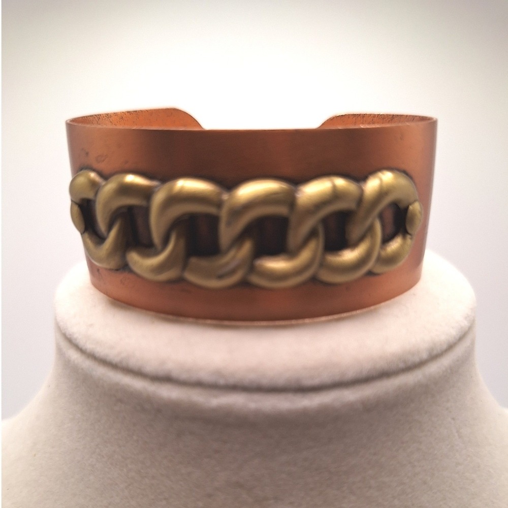 Vintage genuine copper cuff bracelet brass tone chain Brutalist Boho Punk chunky